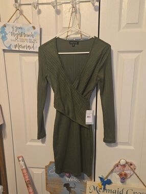 Wrap-Front Long Sleeve Dress in Olive Green by
